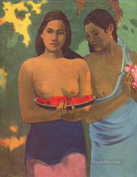 ポール・ゴーギャン Painting - マンゴーの花を持つ二人のタヒチ人女性 ポール・ゴーギャン